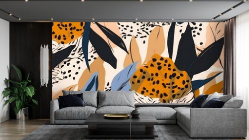 Hand drawn floral trendy abstract pattern with leopard skin. Fashionable template for design. Modern cartoon style, Generative AI