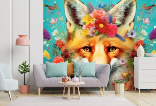Vibrant fox head adorned with flowers against a colorful backdrop illustration. Generative AI