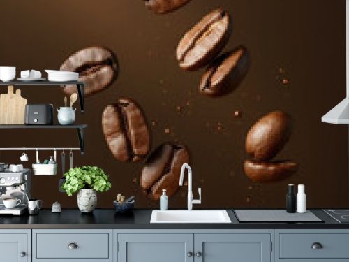 Coffee beans flying on brown background