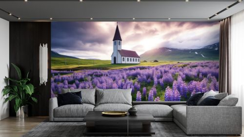 Icelandic church surrounded by lupines at sunset