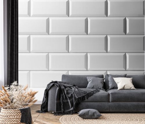 Soft light white abstract scene grey gradient of white glossy ceramic rectangle tiles on wall, wood floor mockup. Abstract interior of bathroom, kitchen, spa salon or scene for presentation, design.