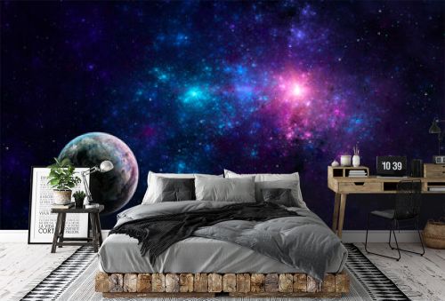 Space background. Planet shined by two stars fly in colorful blue and violet fractal nebula. Elements furnished by NASA. 3D rendering