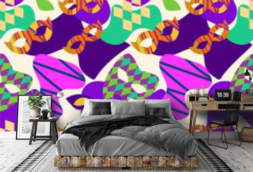 A bright pattern for the Mardi Gras holiday. Carnival masks, abstract forms. Purple, green, orange, white. For fabric, textiles, wrapping paper, postcards.