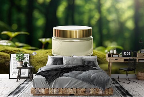 3D mockup of spa cream jar inside a lush forest, in harmony with the beauty of nature