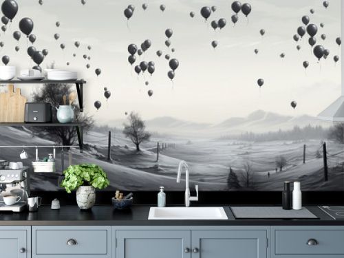 A monochromatic scene of black balloons contrasting with the purity of a snow-covered landscape.