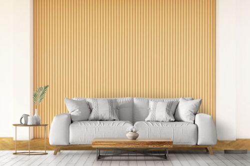 Empty room decorated with light brown slat wall and wood floor. 3d rendering