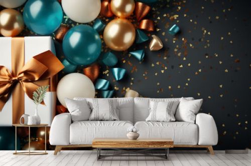 gift box with colorful balloons and confetti on dark background