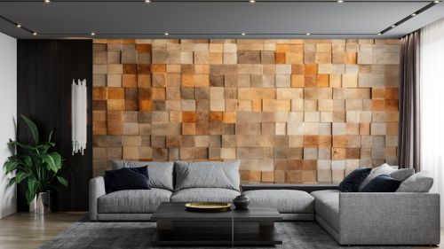 Polished wall made of square tiles, formed from textured blocks of natural stone. Generative AI