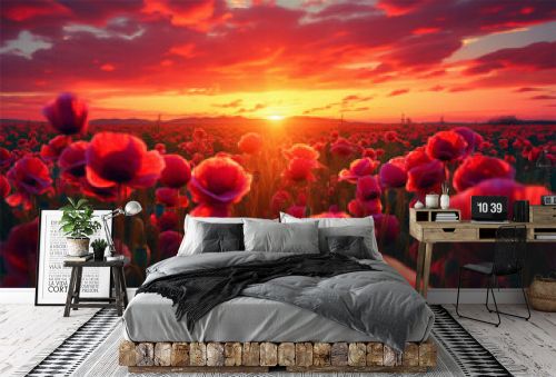 sunrise over the field of poppy flower