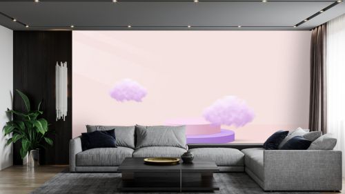 Valentine background vector 3d pink rendering with podium and cloud. Realistic room scene. Stage mockup cosmetic on pink color. Vector illustration concept