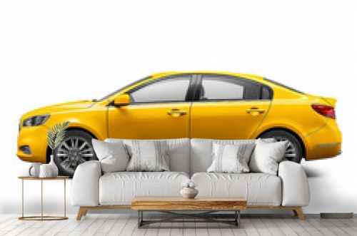 Yellow modern taxi car model isolated on white background. Yellow city car with blank surface for your creative design. cut out. Side view. nobody. mockup. Generative ai.