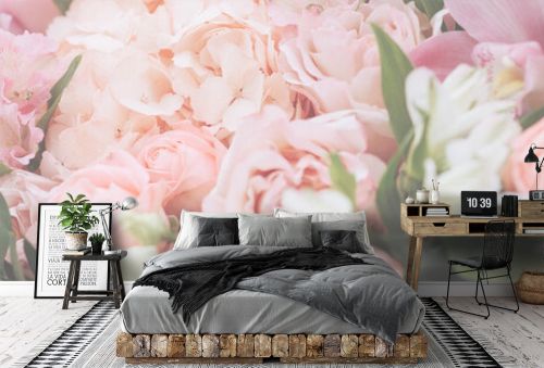 Flower texture background for wedding scene. Roses, peonies and hydrangeas, artificial flowers on the wall. Banner fow website. High quality photo