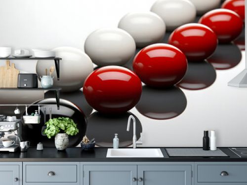 Line of alternating black red and white spheres with reflections
