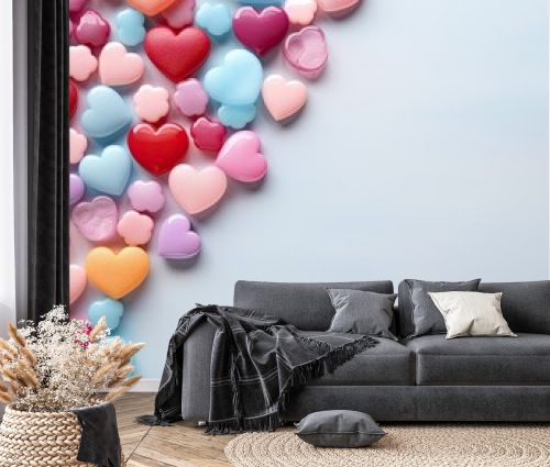 colorful candy hearts on a light blue background with room for copy in a Valentine/Mother's Day-themed, horizontal format of photorealistic illustration in JPG. Generative ai