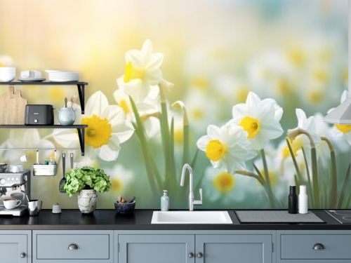 yellow and white daffodils in the spring background