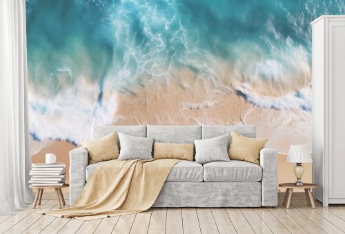 Aerial view of sandy beach, clear blue waves, and sunrays summer vacation banner with copy space, showcasing natural beauty and outdoor spa