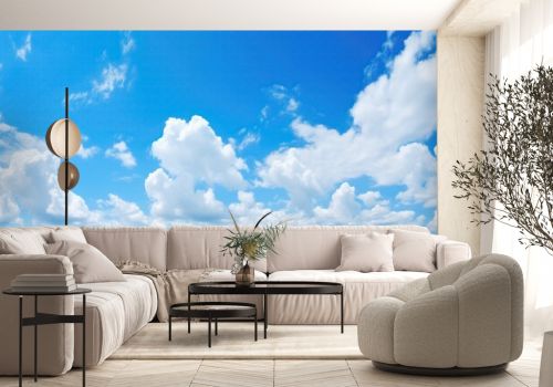 Relaxing View Of Clear Blue Sky And Fluffy White Clouds Vibrant Blue Sky With Fluffy White Clouds