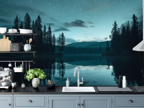 Starry night over a tranquil lake and forest silhouette, perfect for themes of serenity and the cosmos.