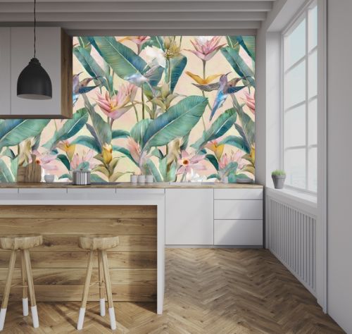 wallpaper mural with hummingbirds banana leaves in pastel colors paradise bird flowers seamless pattern tropical background premium texture luxury hand painted 3d illustration watercolor art