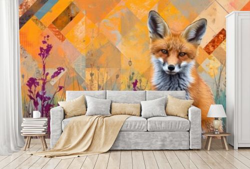  a painting of a red fox standing in a field of tall grass and wildflowers with a multicolored background of orange, yellow, blue, pink, purple, orange, and green, and yellow.