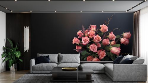 bouquet de roses rose dont une partie des fleurs est tombée du vase. Peinture à l'huile romantique avec espace texte sur fond gris