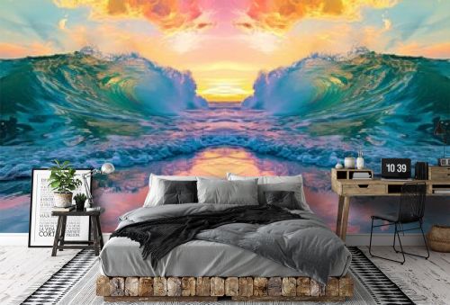 An awe-inspiring painting capturing the vibrant hues of a sunset sky cascading over the tranquil waters, showcasing the beauty of nature's ever-changing canvas