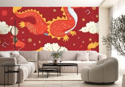 Red and Yellow Dragon Pattern on Red Background