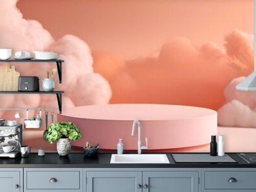 3d rendering of a pink podium on the background of a beautiful clouds scene. Illustration with copy space for mock up, display, showcase, backdrop, product placement