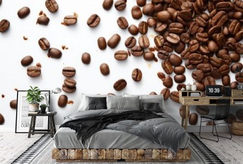 Coffee beans falling on white background