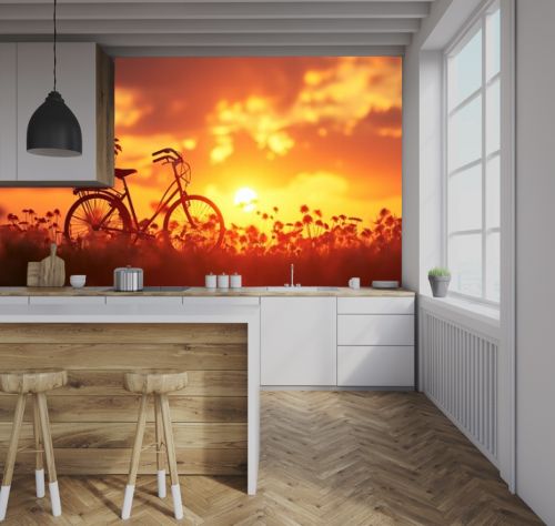 A minimalist composition highlighting the silhouette of a bicycle and its flower basket against the backdrop of a golden sunset, rendered in