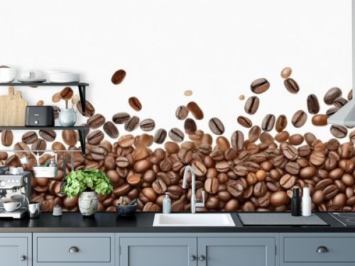 panoramic coffee beans border isolated on white background with copy space