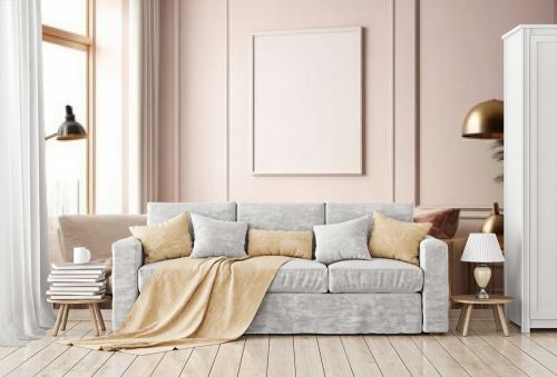 Interior Design Showcase Beige Sofa and Frame on Wall 3D Rendered Living Room 