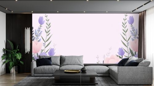 cute cartoon flower border on a light lilac background, vector, clean