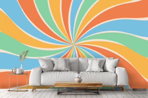 Groovy retro colorful swirl sunburst starburst with ray of light. Abstract background with colorful sun in 60s, 70s hippie style. Trendy graphic print. Sunny template. Flat design.