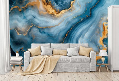 Opulent swirls of celestial blue, radiant gold, and ethereal lavender merging on a luxurious marble slab, crafting a captivating and sophisticated abstract masterpiece.