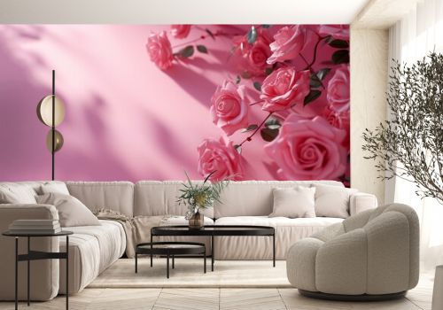 Beautiful pink roses on a pink background. Love, gift, bouquet
