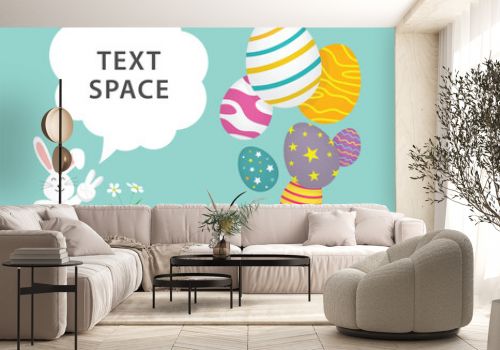 Happy Easter Day banner rabbit sitting on eggs sweet and kid style on blue background. Greeting card and poster vector illustration. text space.