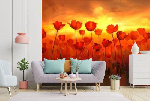 illustration of a red tulip flower field at sunset.