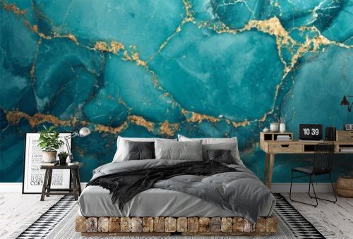 illustration of turquoise marble texture background with cracked gold details generative ai