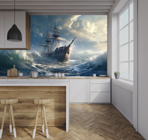 Vintage large sailing ship sail with bow of ship in the middle of the sea with raging sea storm, big foamy waves and beautiful clouds created with Generative AI Technology 