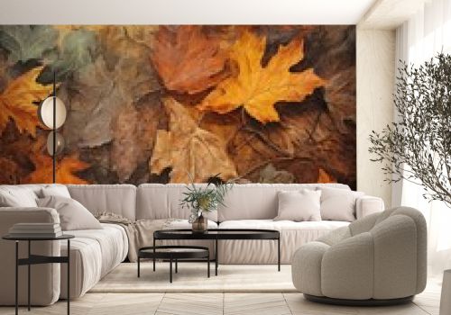 Richly Textured Autumn Leaves Paintings: Mountain Landscape Art Print