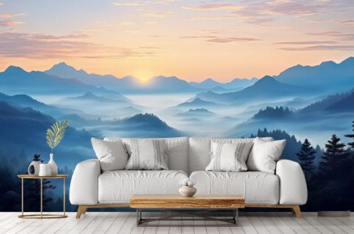 Breathtaking Dawn View from Mountaintop. Misty World Below and Soft Pastel Sky Hues at Daybreak wallpaper background