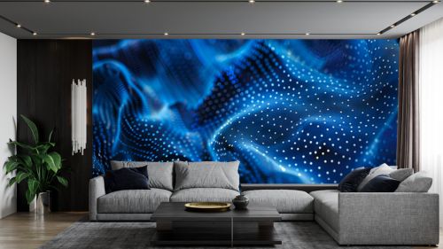 Moving neon blue dots pattern forming a digital network connection on dark background 3D rendering,Abstract futuristic background. Big data visualization. Dynamic wave of particles. 3D rendering 