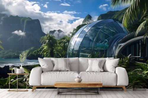 a visually striking image of a futuristic greenhouse surrounded by lush greens, an ocean, and mountains, with a dark reflection twist and enhanced by twilight photography , Attractive look