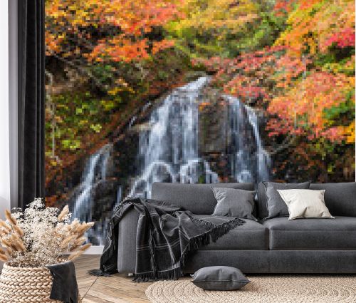 日本 青森県黒石市にある中野もみじ山の紅葉と不動の滝