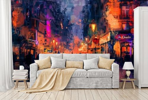 Urban Tapestry Bustling City Street Scene at Twilight with Vibrant Life and Colors, Digital Oil Painting