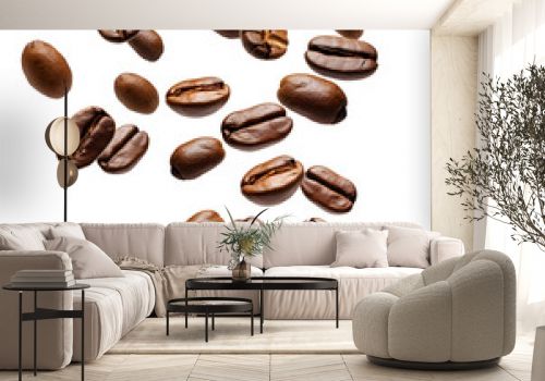 Falling coffee beans isolated on white and transparent background