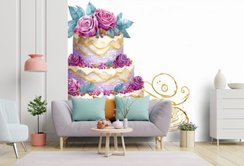 3D illustration of a large wedding cake on white background with space for text. 