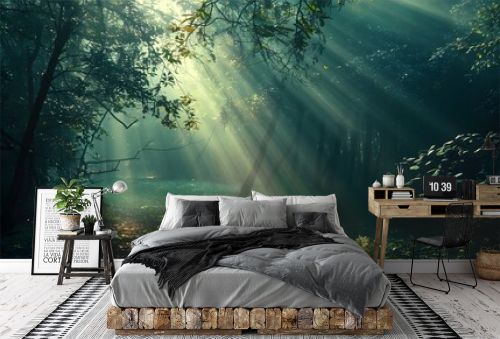 Mystical forest with divine light beams - Divine beams of light shine through the foliage in a magical forest, symbolizing hope and the beauty of nature
