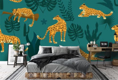Leopard seamless pattern with tropical leaves
